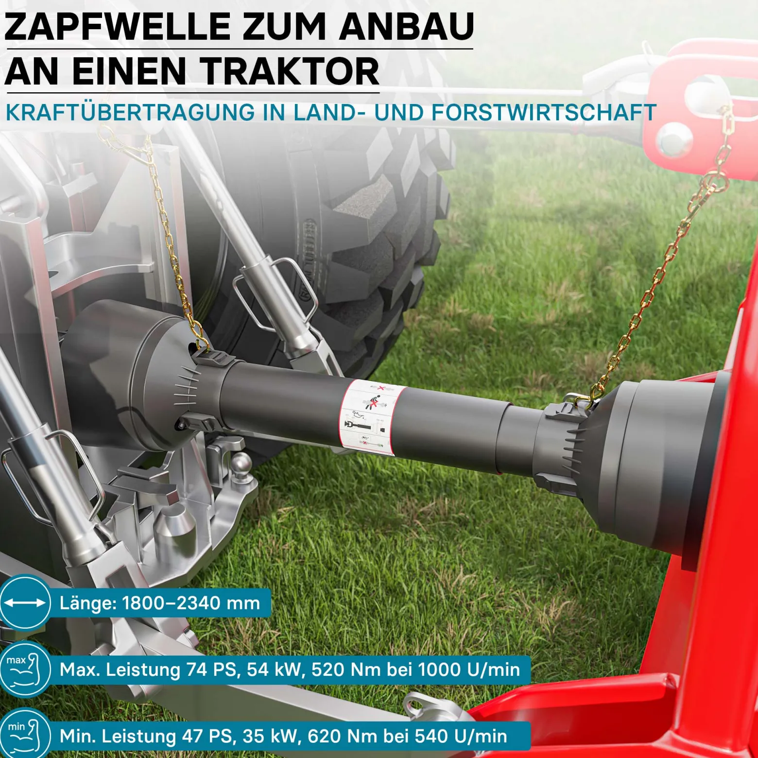 Zapfwelle T5 Gelenkwelle 1800-1980mm 620Nm 540U/min, PTO-Shaft, 54kW (74PS), 2x 1 3/8" 6 Zähne